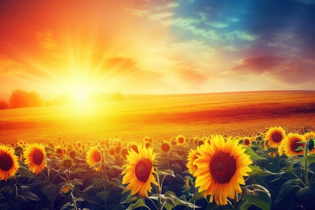 Цветущие подсолнухи на фоне заходящего солнца Красивый летний пейзаж с желтыми подсолнухами и солнечным светом Ai генеративный