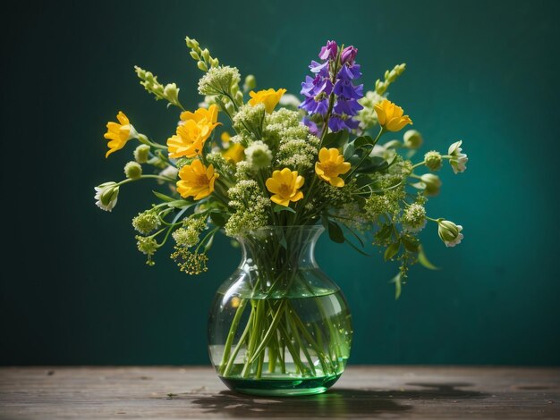 Цветение симфонии Увлекательная выставка диких цветов в современной вазе на фоне спокойного зеленого ба