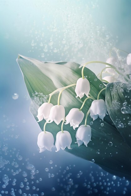 Blooming translucent white lilies of the valley with water drops