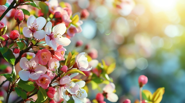 Blooming tree branches on spring blurred background with sun rays