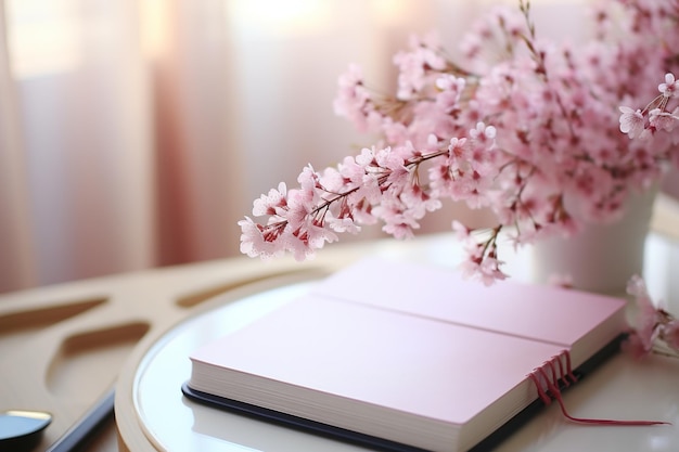 Blooming tree branches with pink flowers and note book Generative AI