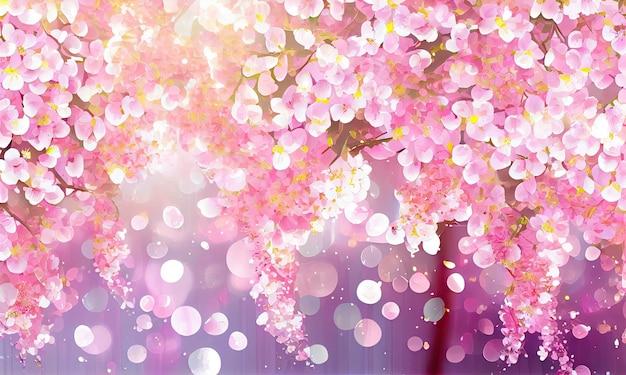 Blooming tree pink flowers on an abstract background with sunny bokeh generative AI