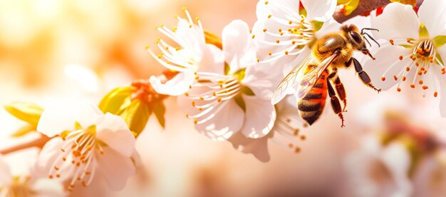 Blooming trees with bees with bokeh background pastel and bright colors abstract background