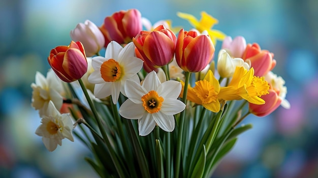 Цветущие тюльпаны, нарциссы и пасхальные лилии в яркой весенней композиции.