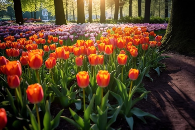 blooming tulips flowerbed in keukenhof flower gard