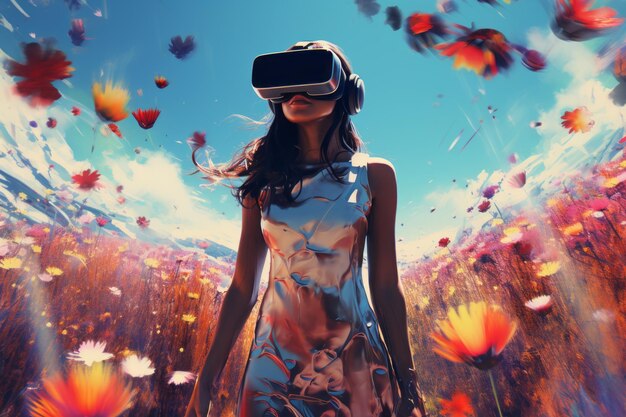 Blooming in a virtual wonderland exploring colorful flower fields with a woman in a vr headset