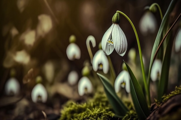 blooming white flowers in early spring in the forest