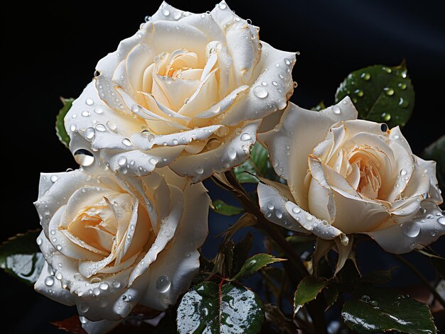 Цветущая белая роза с каплями воды на ней, изолированная на черном фоне Генеративный ИИ