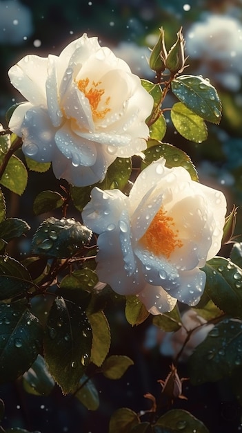Blooming white roses with drops of water closeup background Ai generated