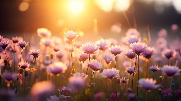 Blooming wild flowers at sunrise in a field