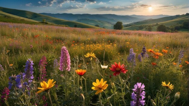 Photo blooming wildflowers on rolling hills at sunset