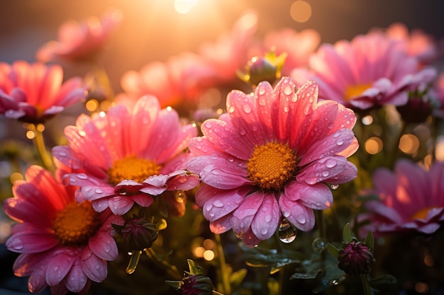 Blooming yellow pink and orange daisy flowers in field in sunshine after rain