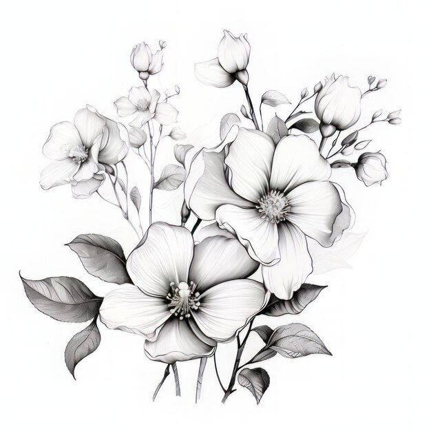 Blooms in Black and White Flower Drawing Image