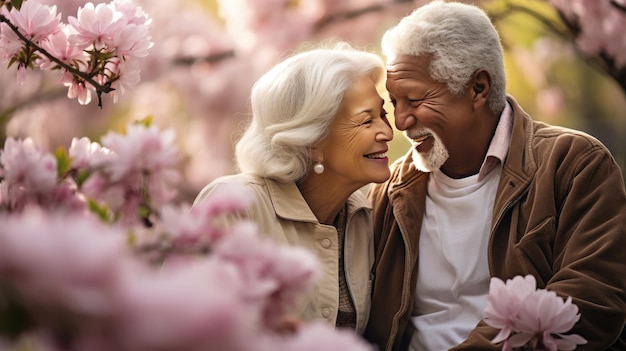 Photo blooms of love a delightful portrayal of a caucasian elderly couple in a spring park