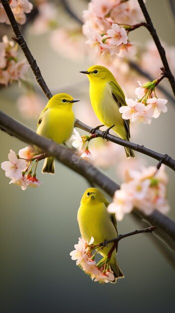 Photo blossom branch tree with birds