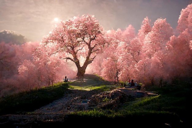 Blossom cherry on the hill in a good day