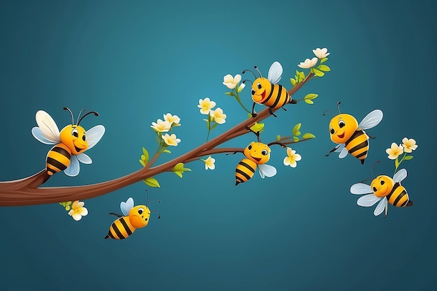 Blossom tree branch Sweet little bees flying 3D illustration Vector