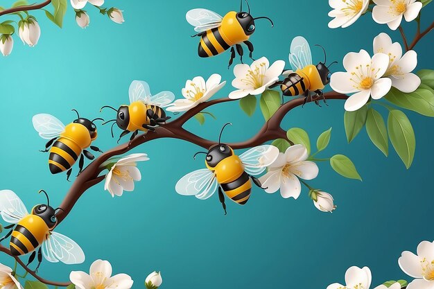 Blossom tree branch Sweet little bees flying 3D illustration Vector