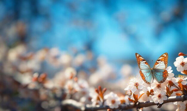 Blossom tree with beautiful butterflySpring background branches of blossoming cherry against