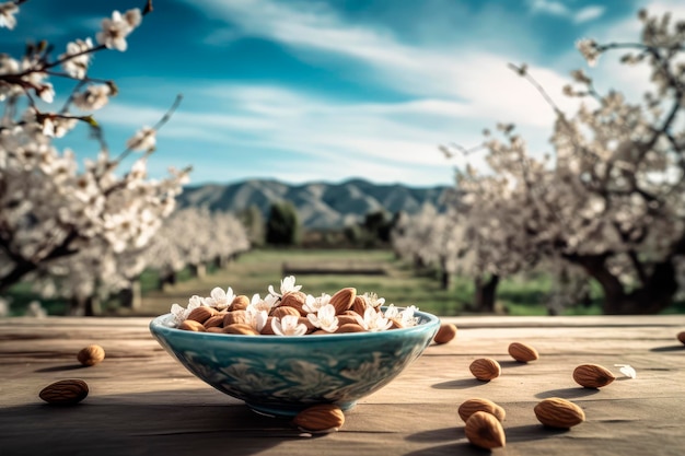 Blossoming Almond Haven Lush Almond Trees with Blossoms and Fruit Adorn a Rustic Wooden Table