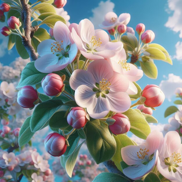 꽃이 피는 사과나무가 가까이 꽃을 피우고 은 파란 하늘