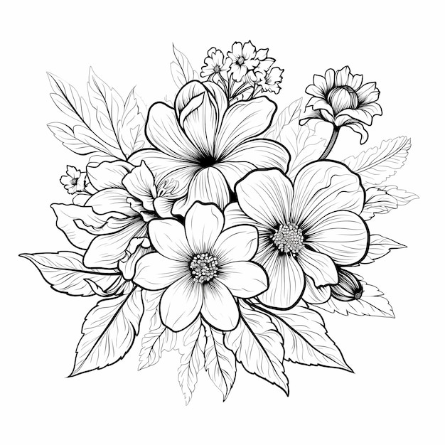 Blossoming Beauties Black and White Vector Illustration of Flowers for Coloring