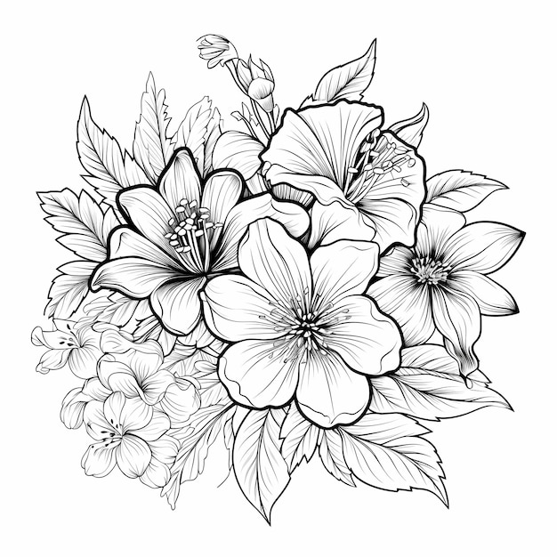 Blossoming Beauties Black and White Vector Illustration of Flowers for Coloring