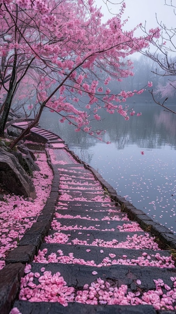 麗な桜の花が麗に花をかせてピンクと白の鮮やかな色彩で風景を描き自然の優雅さと春の魅力を驚くほどに表現しています