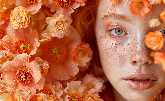 Photo blossoming beauty in floral immersion portrait of a young woman in orange flowers