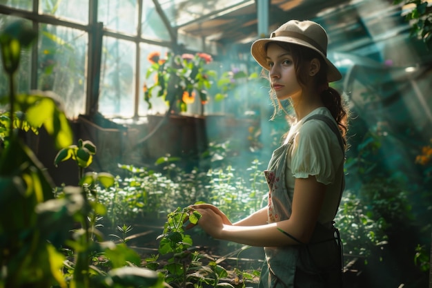 Photo blossoming beauty a lovely girl tending to garden work in the greenhouse embrace natures splendor