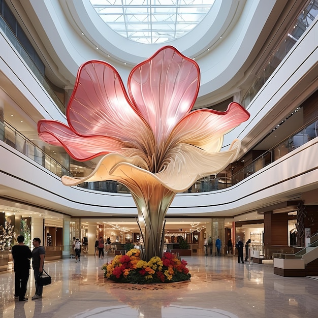 Foto la bellezza che fiorisce la maestosa scultura di fiori cinetici nel cuore di un vasto centro commerciale