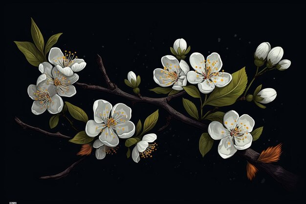 Blossoming branch of cherry on a black background Vector illustration