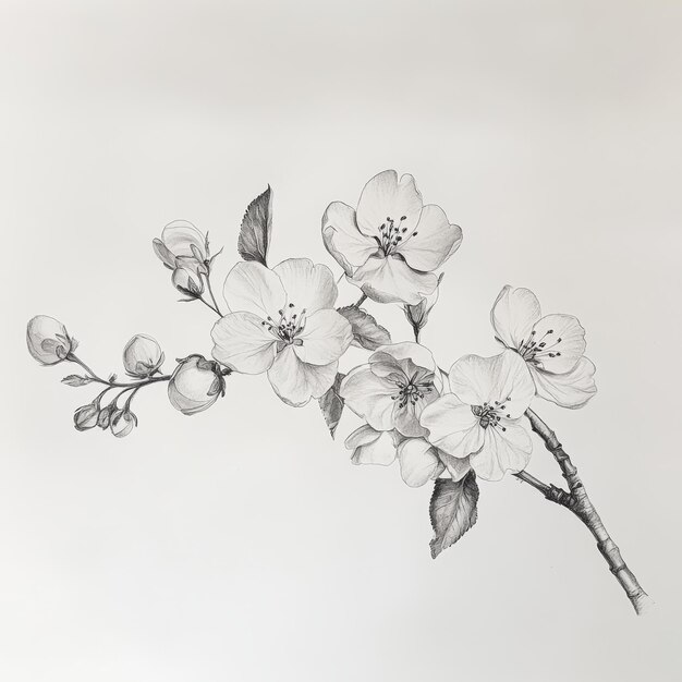 Photo blossoming branch of cherry on a white background black and white