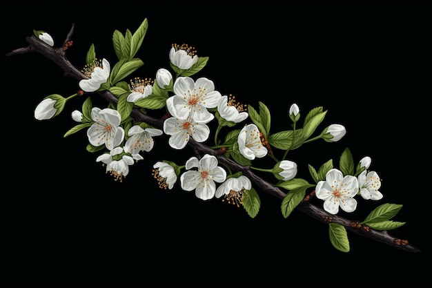 Photo blossoming branch with white flowers vector illustration on black background