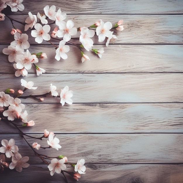 blossoming branches on wooden background