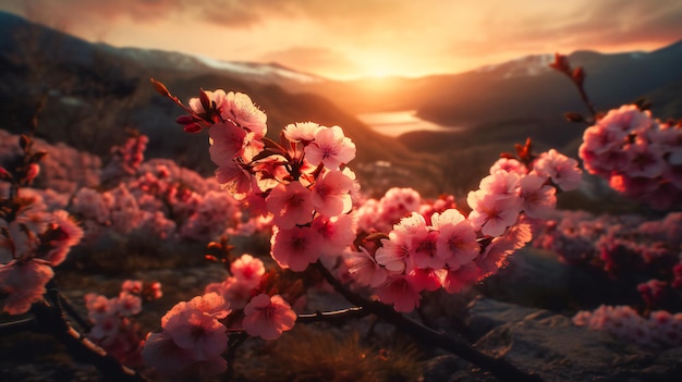 Photo blossoming cherry blossoms at sunset