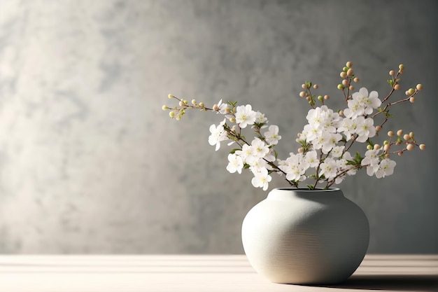 Blossoming cherry bouquet in a vase on a gray background Generative AI illustration