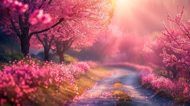 Blossoming cherry trees lining a winding road in spring vibrant colors serene countryside gentle sunlight AI Generative