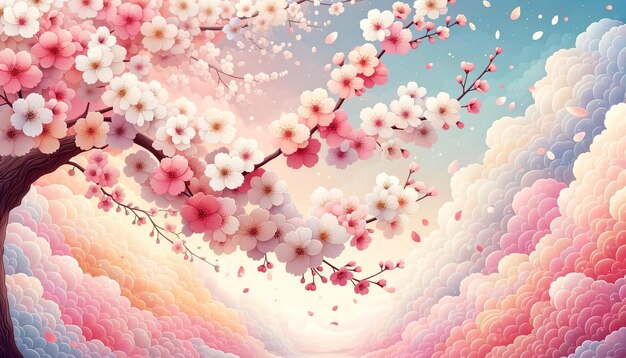 柔らかいパステル調の空の下に漂う満開の桜の花びらのイラスト