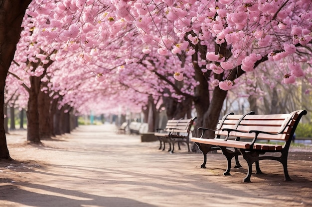 公園のベンチを囲む満開の桜の木 生成 AI