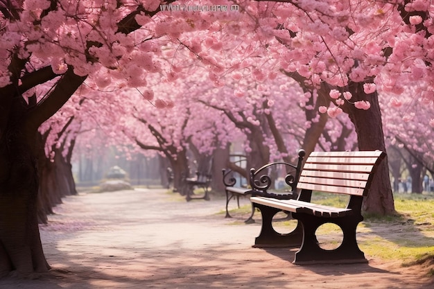 Photo blossoming cherry trees surrounding park benches generative ai