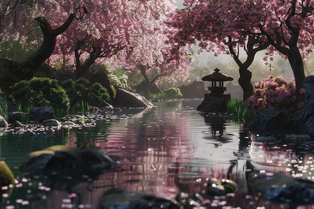 Blossoming cherry trees in a tranquil Japanese gar