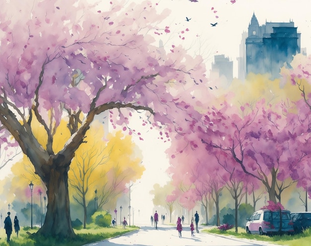 꽃이 만발한 도시 풍경 AICreated Watercolors에서 봄철 도시 전망의 마법을 경험하세요