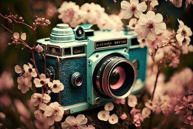 Among the blossoming flowers with a camera