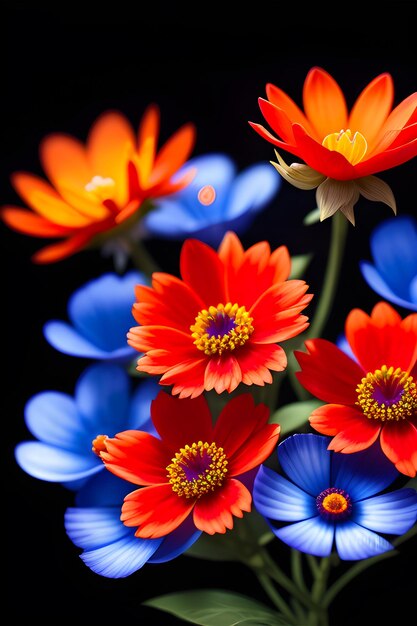 꽃은 빨간색과 파란색의 잎자루와 검은색 배경으로 꽃을 피운다.