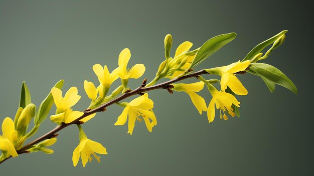 Photo blossoming forsythia flower and green leaves isolated on clear transparent black background floral