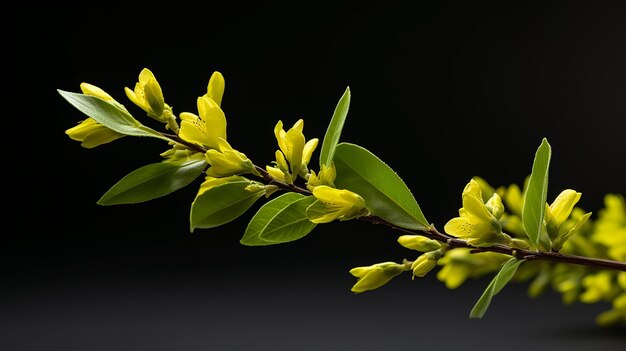 Photo blossoming forsythia flower and green leaves isolated on clear transparent black background floral