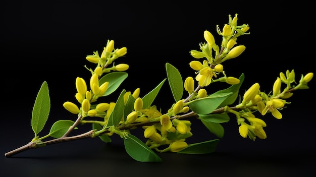 Photo blossoming forsythia flower with green leaves