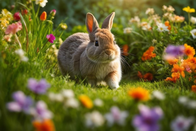 花の中ではしゃぐ愛らしいネザーランドドワーフウサギの遊び心たっぷりの自然を撮影