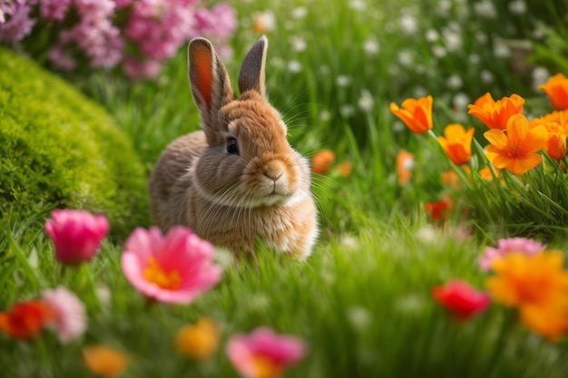 Blossoming Frolic Capturing the Adorable Netherland Dwarf Rabbit's Playful Nature Amid Flowers